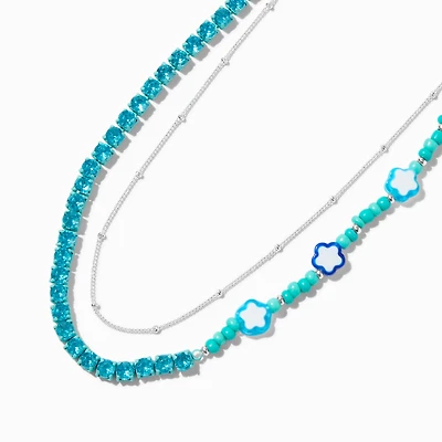 Blue Flower Beaded Silver-tone Chain Multi-Strand Necklace