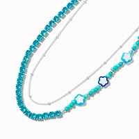Blue Flower Beaded Silver-tone Chain Multi-Strand Necklace