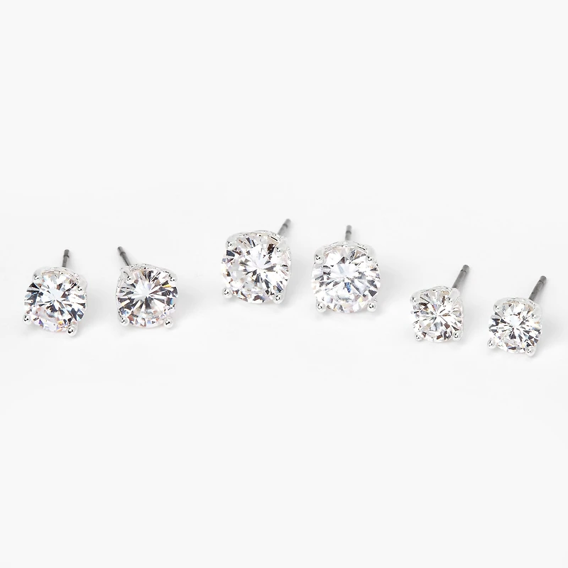 Silver-tone Cubic Zirconia 6mm, 7mm, & 8mm Round Stud Earrings - 3 Pack