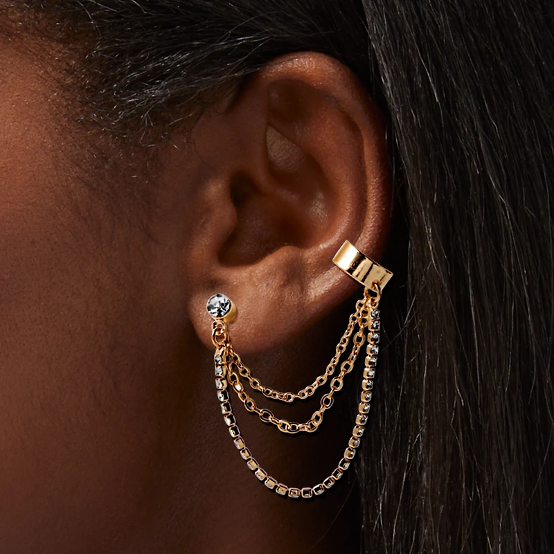 Gold-tone Crystal Swag Cuff Connector Earrings