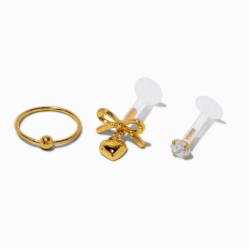 Gold-tone Sterling Silver Bow Heart 22G Threadless Flat Back & Clicker Helix Earrings - 3 Pack