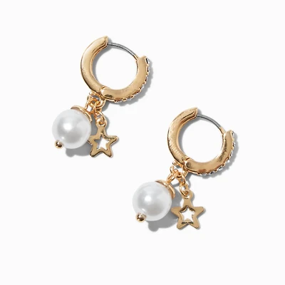 Gold-tone Pearl & Star Crystal Pavé Hoop Earrings