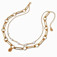 Gold-tone Teardrop Paper Clip & Pearl Chain Multi-Strand Necklace