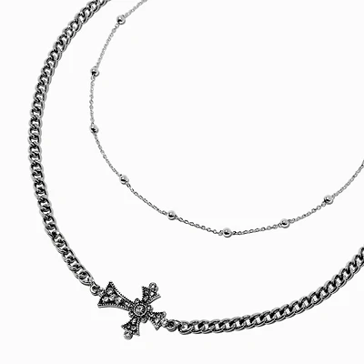 Silver-tone Sideways Cross Multi-Strand Necklace