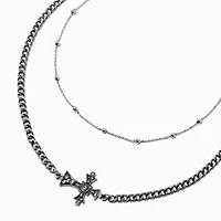Silver-tone Sideways Cross Multi-Strand Necklace