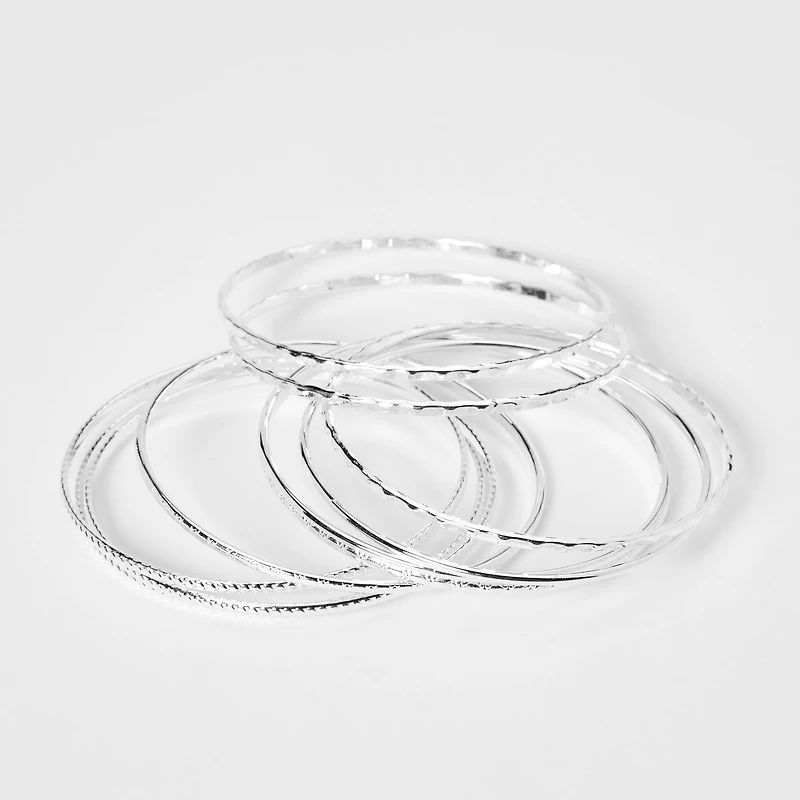 Silver-tone Textured Bangle Bracelets - 8 Pack