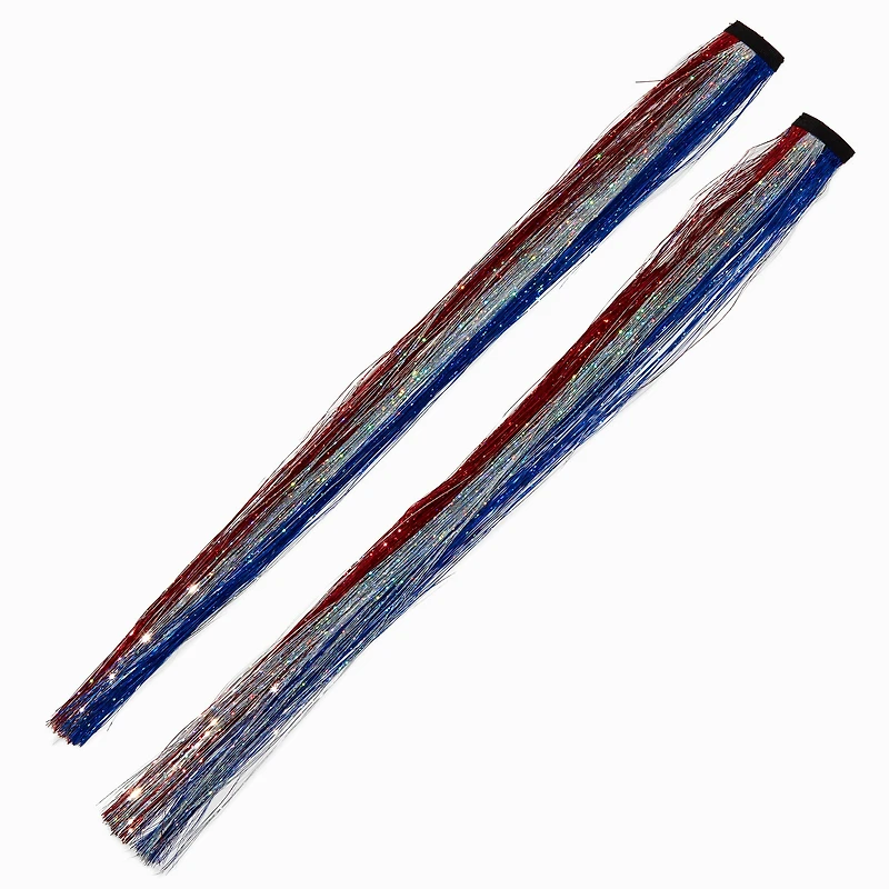 Red, White, & Blue Tinsel Faux Hair Clip In Extensions - 2 Pack