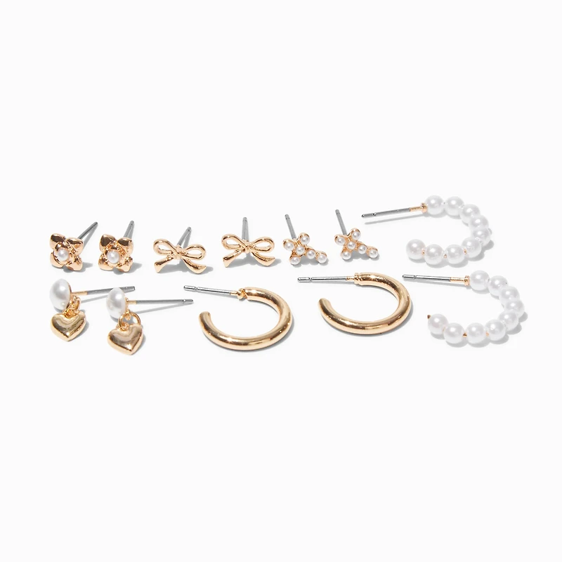 Gold-tone Bow & Pearl Mixed Stud & Hoop Earrings - 6 Pack