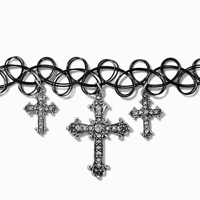 Silver-tone Cross Black Tattoo Choker Necklace