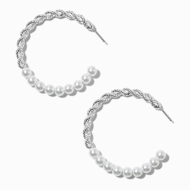 Silver-tone Twisted Pearl 50mm Hoop Earrings