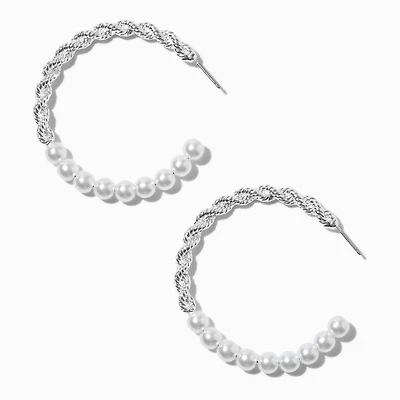 Silver-tone Twisted Pearl 50mm Hoop Earrings