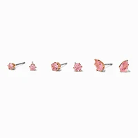 Gold-tone Pink Cubic Zirconia Round & Teardrop Stud Earrings - 3 Pack