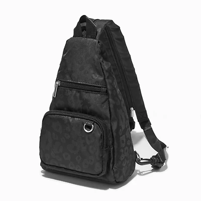 Black Cheetah Print Nylon Sling Backpack