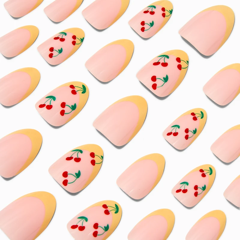 Yellow French Tip Cherry Almond Vegan Faux Nail Set - 24 Pack