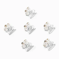 Silver Pearl & Rhinestone Cluster Hair Spinners - 6 Pack