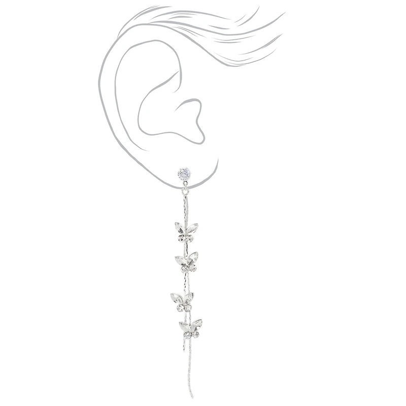 Silver-tone Cubic Zirconia Butterflies Linear Drop Earrings