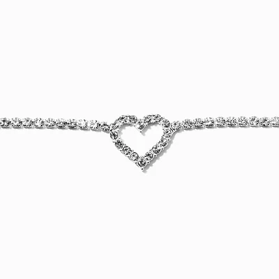 Silver-tone Rhinestone Heart Pendant Choker Necklace 