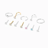 22G Mixed Metal Sterling Silver Cubic Zirconia Nose Studs & Hoop - 12 Pack