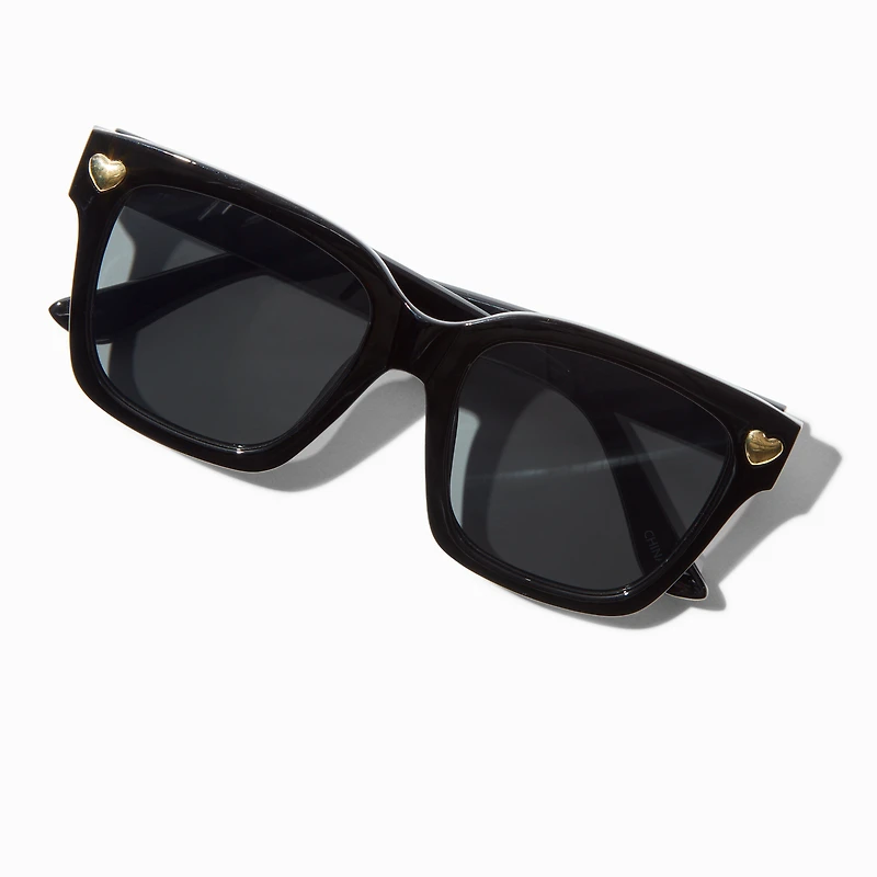 Gold Heart Studded Black Rectangular Sunglasses