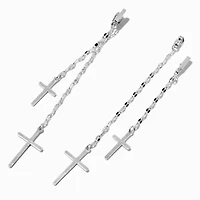 Silver-tone Cross Tinsel Chain Drop Earrings