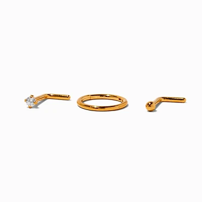 18G 18k Yellow Gold Plated Titanium Stud & Hoop Nose Jewelry Set - 3 Pack