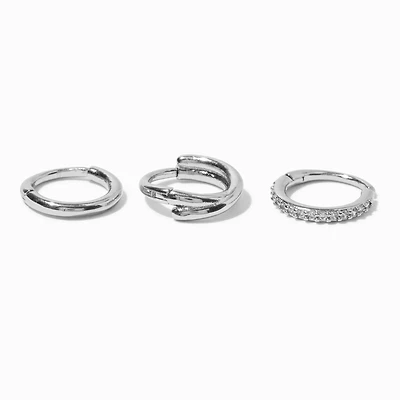 18G Silver-tone Stainless Steel Cubic Zirconia Twist Nose Hoops - 3 Pack