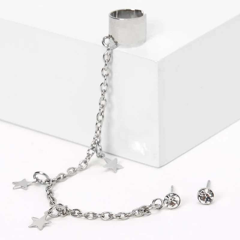 Silver-tone Crystal Star Ear Connector Earrings