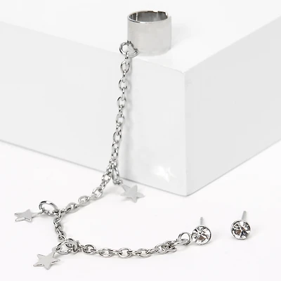 Silver-tone Crystal Star Ear Connector Earrings