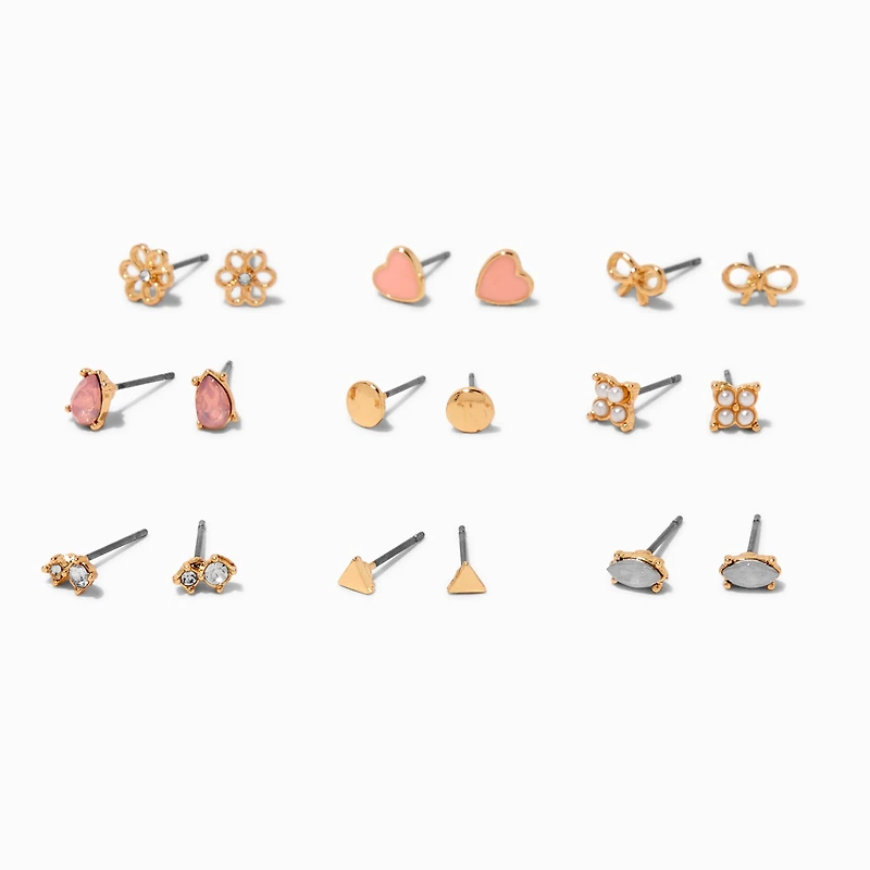 Gold-tone Romantic Stud Earrings - 9 Pack