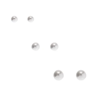 Graduated White Pearl Stud Earrings - 3 Pack