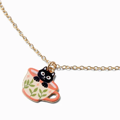 Black Cat Teacup Pendant Necklace