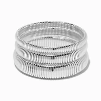Silver-tone Ribbed Stackable Bangle Bracelets - 3 Pack