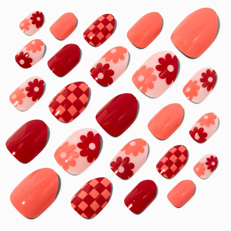 Checkered Floral Stiletto Press On Vegan Faux Nail Set - 24 Pack