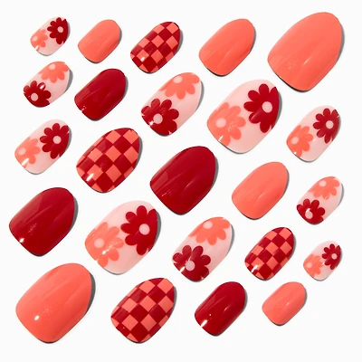 Checkered Floral Stiletto Press On Vegan Faux Nail Set - 24 Pack