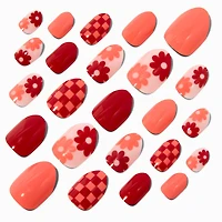 Checkered Floral Stiletto Press On Vegan Faux Nail Set - 24 Pack