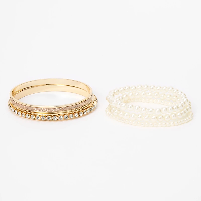 Claire's Club Gold-tone Bangle & Pearl Stretch Bracelet Set - 5 Pack