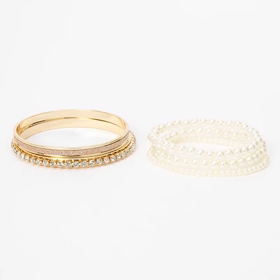 Claire's Club Gold-tone Bangle & Pearl Stretch Bracelet Set - 5 Pack