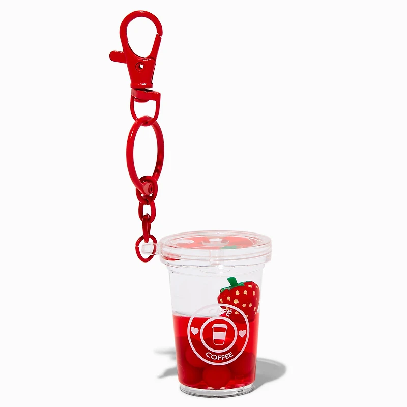 Strawberry Coffee Water-Filled Glitter Keychain