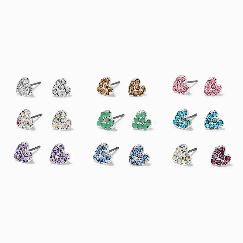 Pastel Crystal Heart Stud Earrings - 9 Pack 