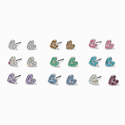 Pastel Crystal Heart Stud Earrings - 9 Pack 