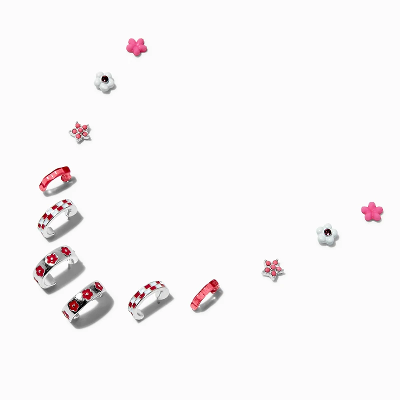 Pink Flowers & Checks Earring Set - 6 Pack
