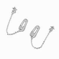 Silver-tone Safety Pin & Starburst Connector Chain Stud Earrings