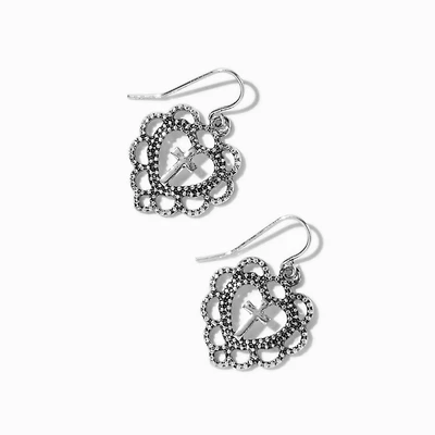 Silver-tone Cross Heart Drop Earrings