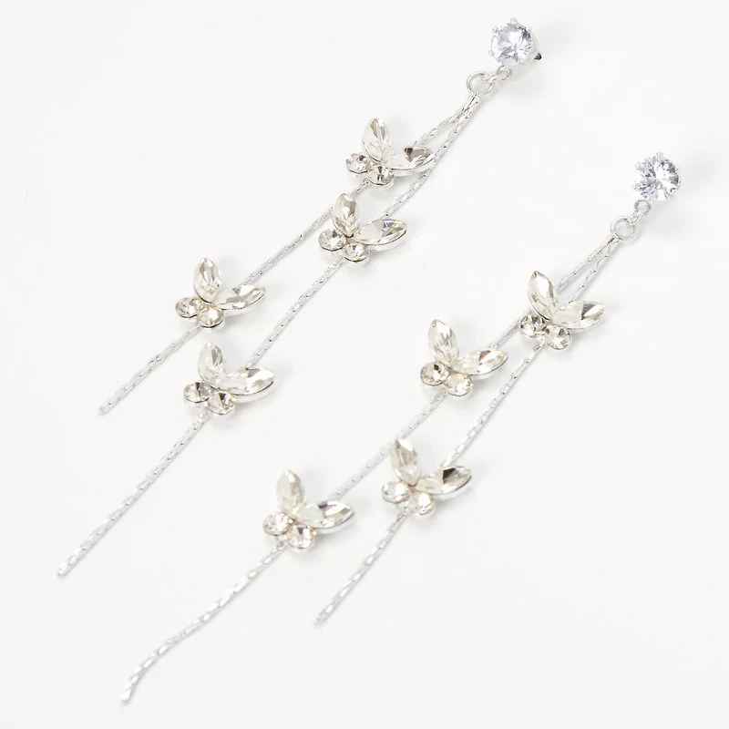Silver-tone Cubic Zirconia Butterflies Linear Drop Earrings