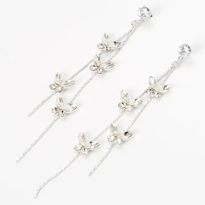 Silver-tone Cubic Zirconia Butterflies Linear Drop Earrings