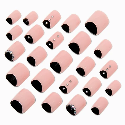 Black & Nude Bling Short Square Vegan Faux Nail Set - 24 Pack