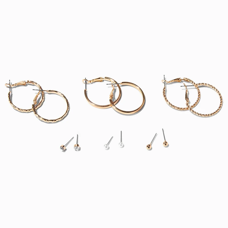 Gold-tone Textured Hoop & Studs Earrings Set - 6 Pack