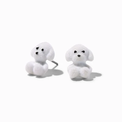 White Fuzzy Puppy Stud Earrings