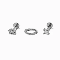 Silver-tone Stainless Steel Cubic Zirconia 18G Square & Marquise Stud & Hoop Threadless Cartilage Earrings - 3 Pack