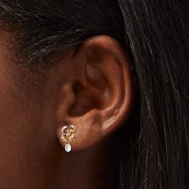 Gold-tone Flower Cubic Zirconia Charm Stud Earrings